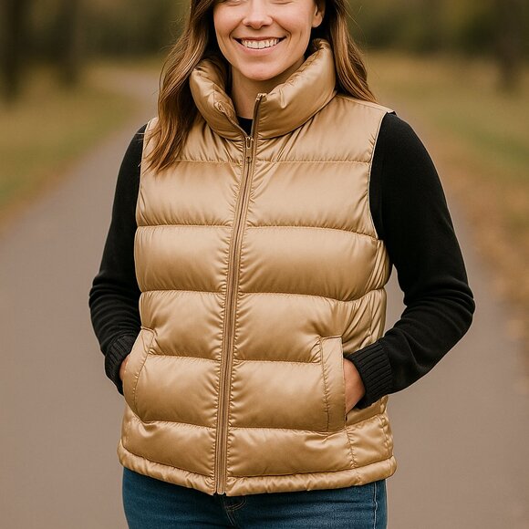 Talbots Metallic Champagne Gold Puffer Vest - Size M - Picture 1 of 9